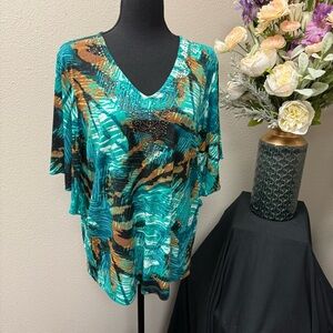 TanJay Teal Abstract Embellished V-Neck Flutter Sleeve Top Boho Chic